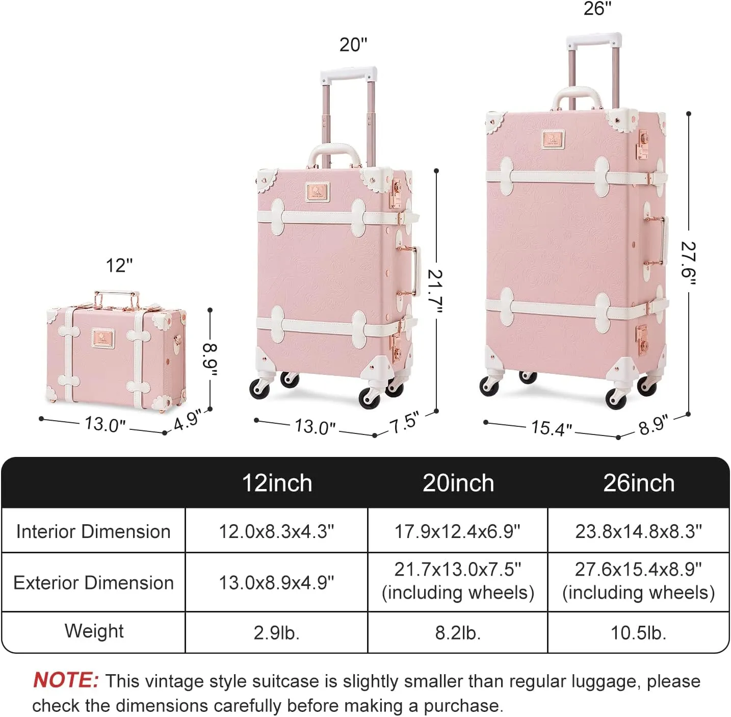 Unitravel 3 Piece Vintage Suitcase Set, Handcrafted Retro Luggage with TSA Lock and Carry On Cosmetic Train Case, Faux Leather Trunk Suitcase with Spinner Wheels for Women, Embossed Pink, 26" 20" 12"
