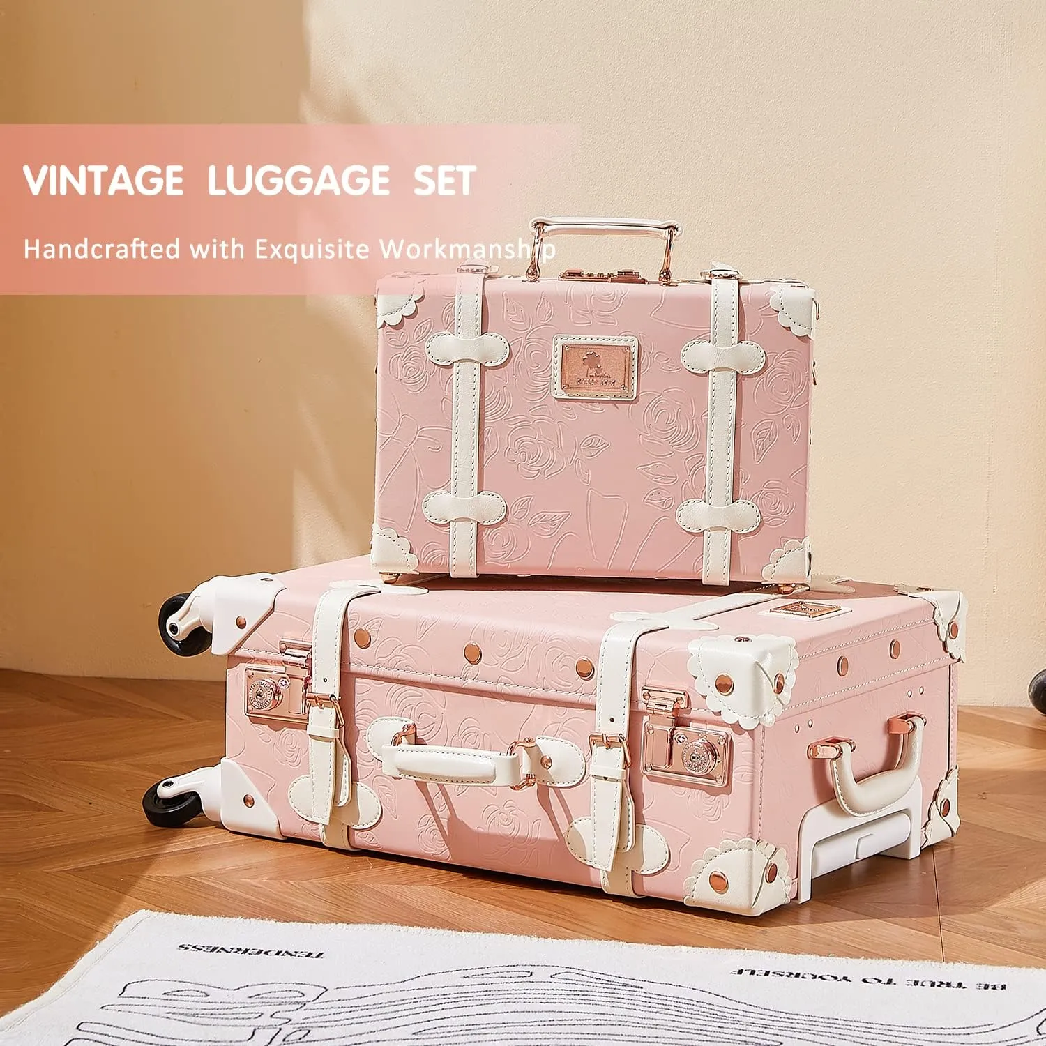 Unitravel 3 Piece Vintage Suitcase Set, Handcrafted Retro Luggage with TSA Lock and Carry On Cosmetic Train Case, Faux Leather Trunk Suitcase with Spinner Wheels for Women, Embossed Pink, 26" 20" 12"