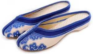 Unpafcxddyig Women's Embroidered Flats Backless Shoes Household Chinese Style Casual Slippers