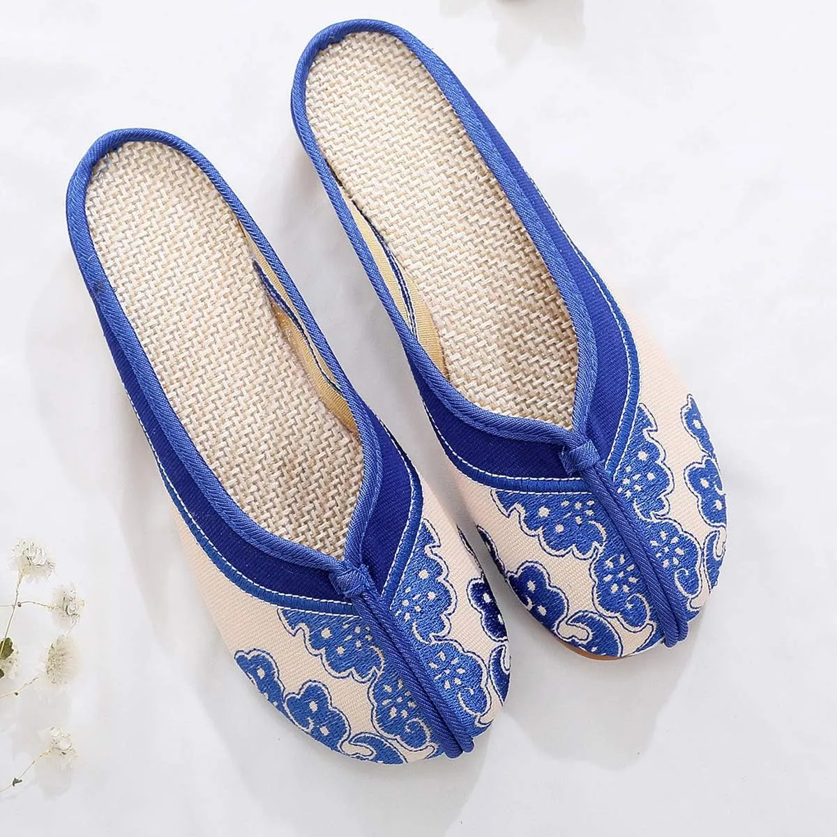 Unpafcxddyig Women's Embroidered Flats Backless Shoes Household Chinese Style Casual Slippers