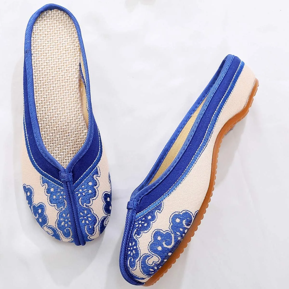 Unpafcxddyig Women's Embroidered Flats Backless Shoes Household Chinese Style Casual Slippers