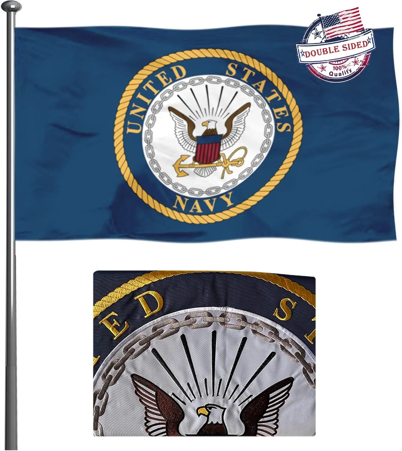 USA Navy Emblem Flag 3x5 Double Sided Embroidered- Heavy Duty United States Navy Flags Double Stitched Resistant USN Military Flags with2 Brass Grommets Outdoor Indoor