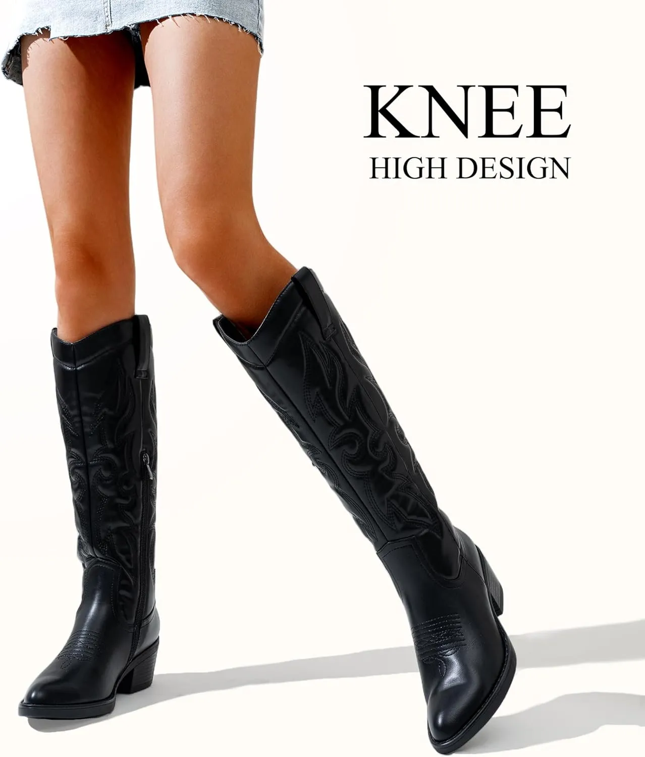 Vepose Womens Tall Cowboy Boots Knee High Cowgirl Low Heel Comfy Boots for Ladies