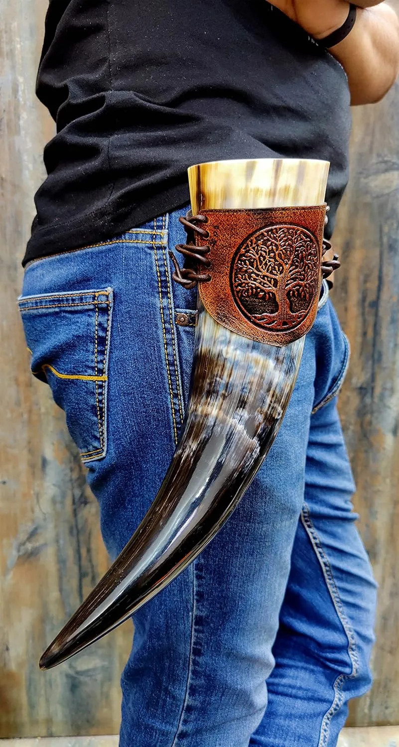 Viking Leather Belt Attachment Genuine Leather Hanger/Holster/Holder for 12"- 16'' Viking Drinking Horn Handcrafted Accessory securely attaching it to your belt, bag,or backpack embossed Tree Of Life