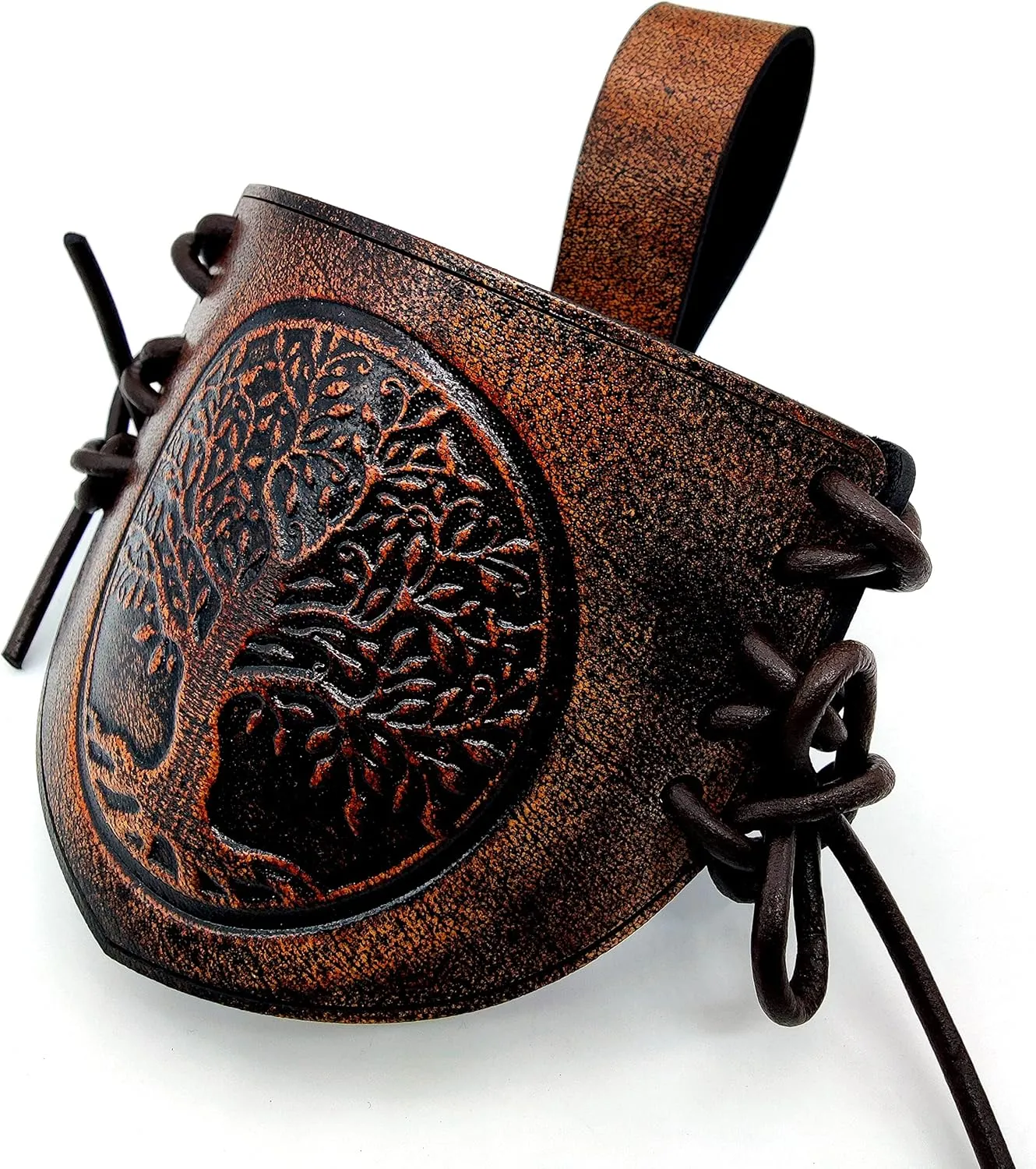 Viking Leather Belt Attachment Genuine Leather Hanger/Holster/Holder for 12"- 16'' Viking Drinking Horn Handcrafted Accessory securely attaching it to your belt, bag,or backpack embossed Tree Of Life