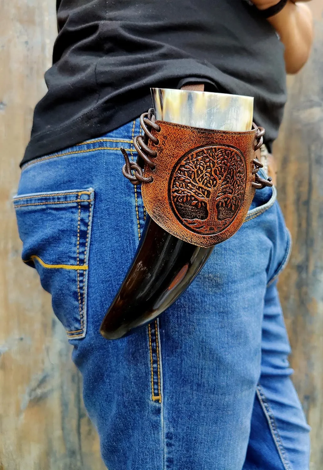 Viking Leather Belt Attachment Genuine Leather Hanger/Holster/Holder for 12"- 16'' Viking Drinking Horn Handcrafted Accessory securely attaching it to your belt, bag,or backpack embossed Tree Of Life