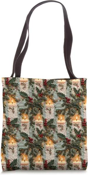 Vintage Christmas Candles Holly Berries Embroidered Bright Tote Bag