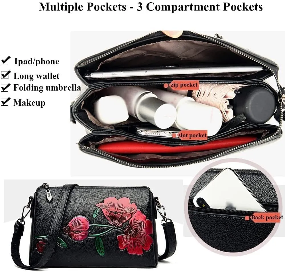Vintage Floral Women Handbags Hobo Crossbody Bags Shoulder Soft Leather Purse Satchel Zipper Pocket Wallet