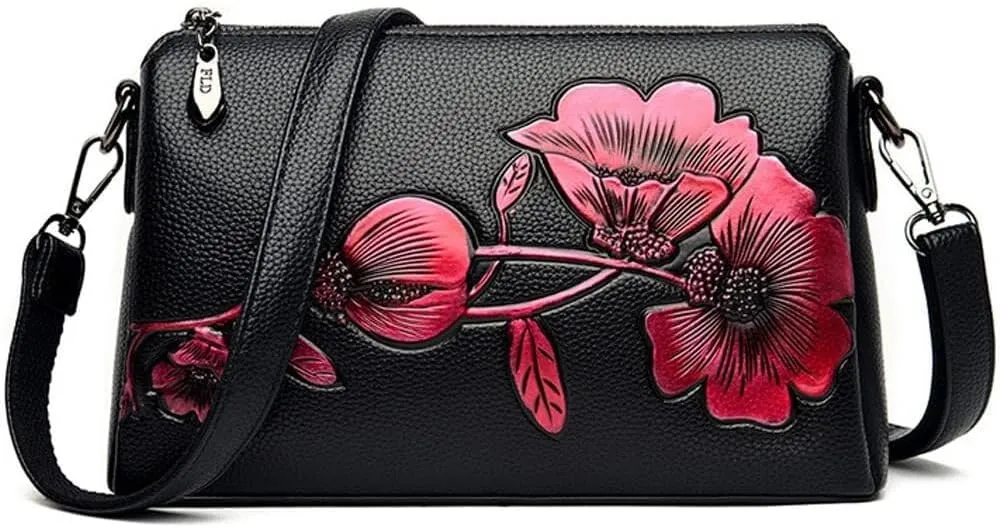 Vintage Floral Women Handbags Hobo Crossbody Bags Shoulder Soft Leather Purse Satchel Zipper Pocket Wallet