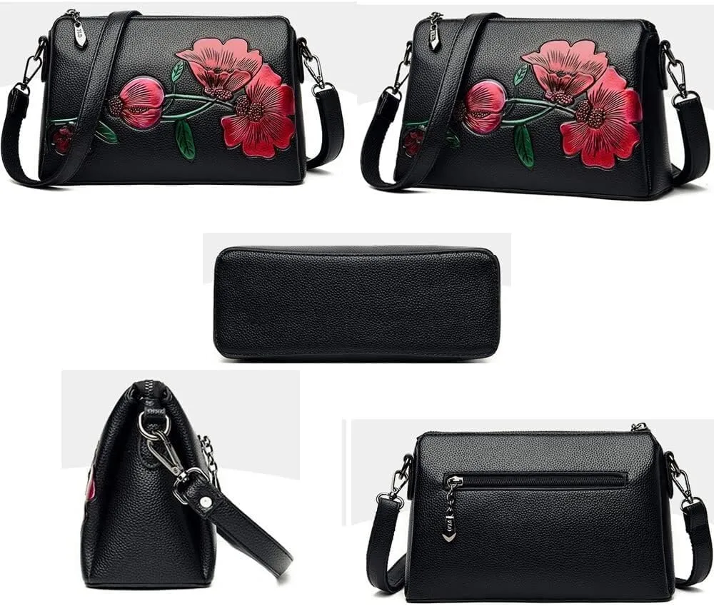 Vintage Floral Women Handbags Hobo Crossbody Bags Shoulder Soft Leather Purse Satchel Zipper Pocket Wallet