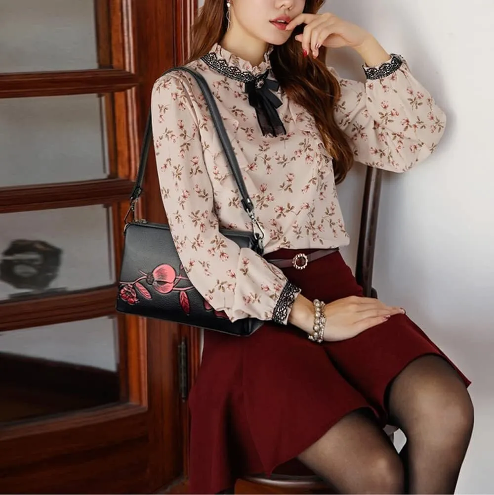 Vintage Floral Women Handbags Hobo Crossbody Bags Shoulder Soft Leather Purse Satchel Zipper Pocket Wallet