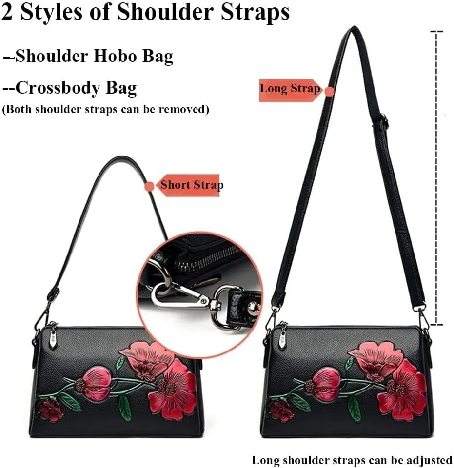 Vintage Floral Women Handbags Hobo Crossbody Bags Shoulder Soft Leather Purse Satchel Zipper Pocket Wallet