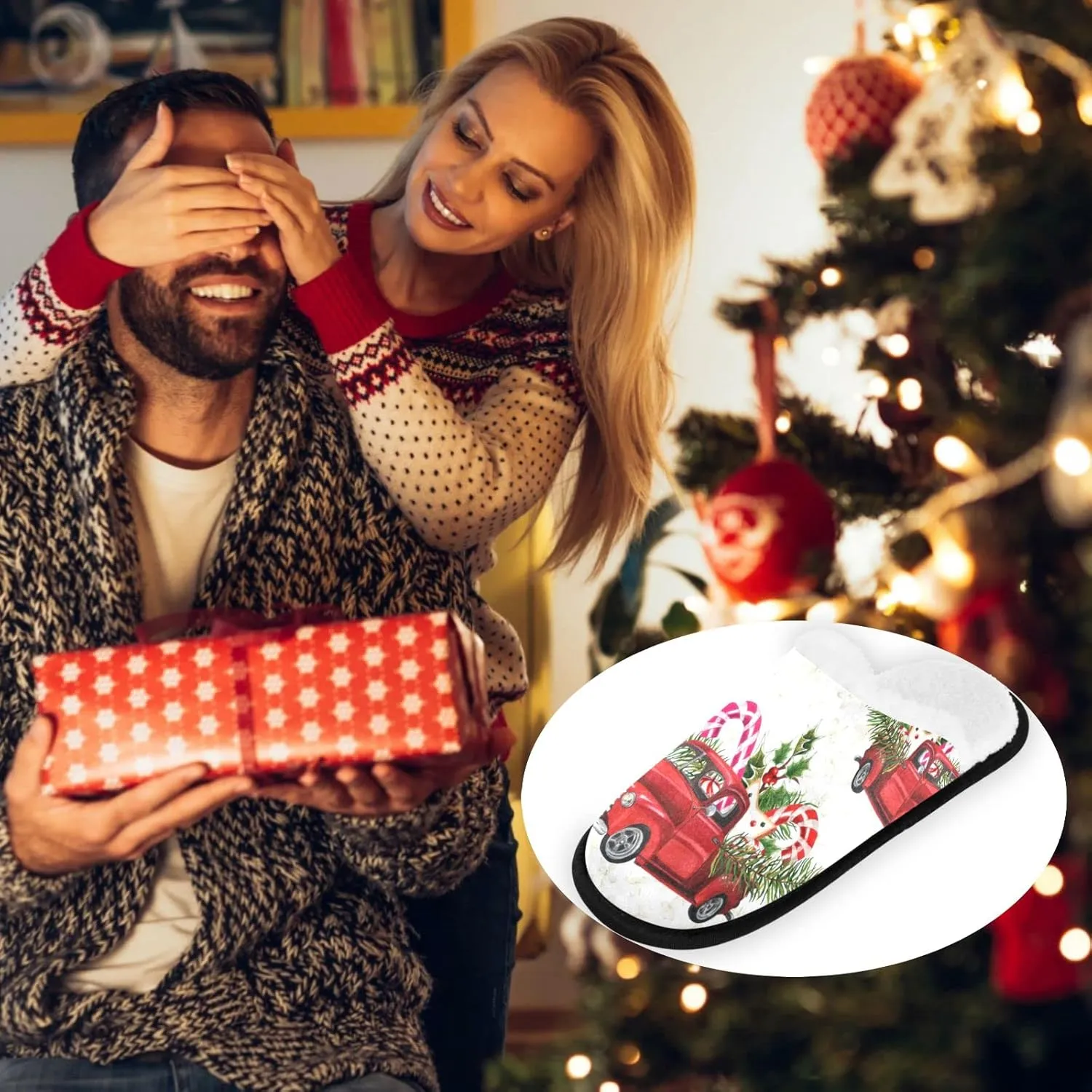 visesunny Christmas Truck Loaded with Sweets Spruce Twigs Holly Leaf Berry Cozy Fuzzy Mens Womens Memory Foam House Slippers Plush Fleece Indoor Outdoor Slipper