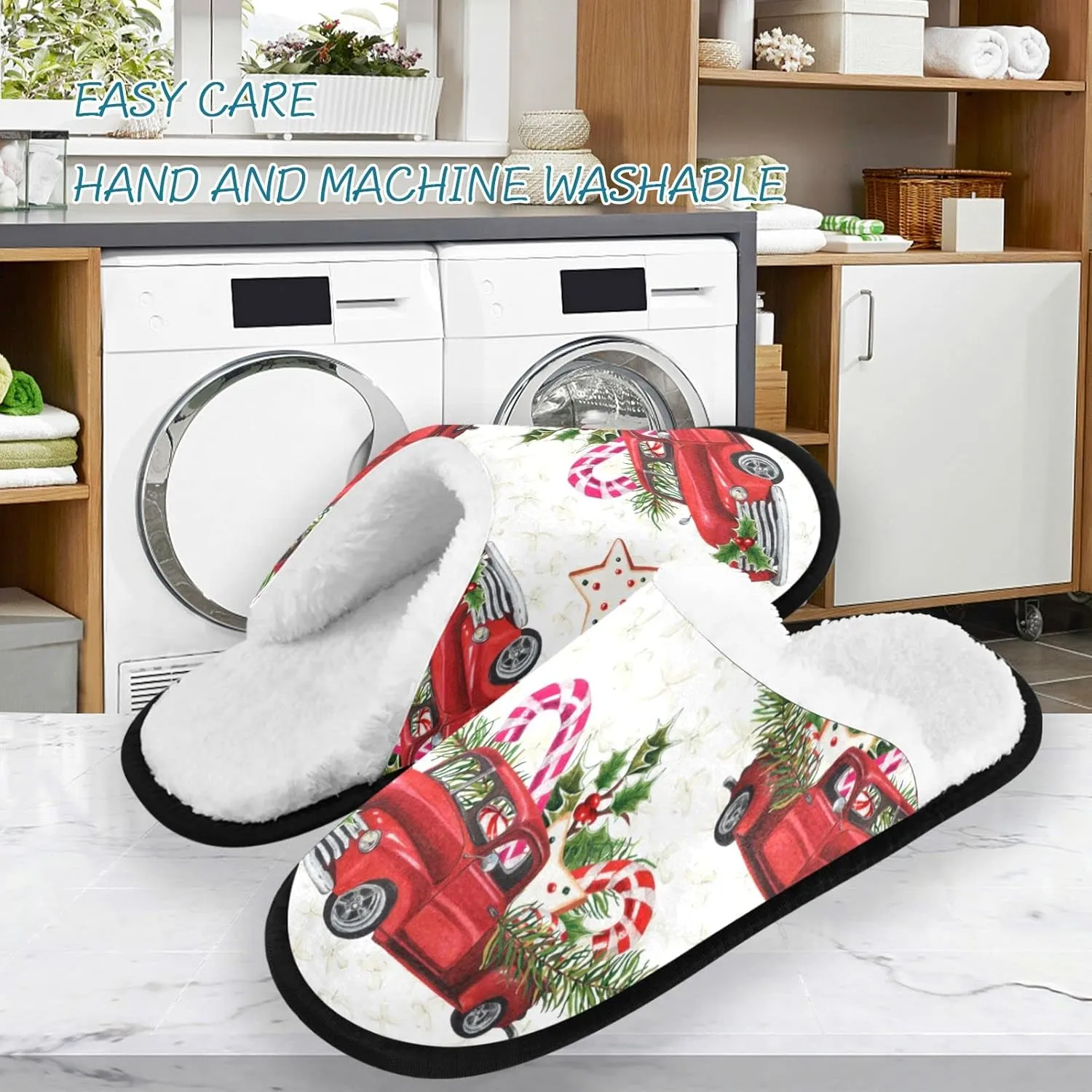 visesunny Christmas Truck Loaded with Sweets Spruce Twigs Holly Leaf Berry Cozy Fuzzy Mens Womens Memory Foam House Slippers Plush Fleece Indoor Outdoor Slipper