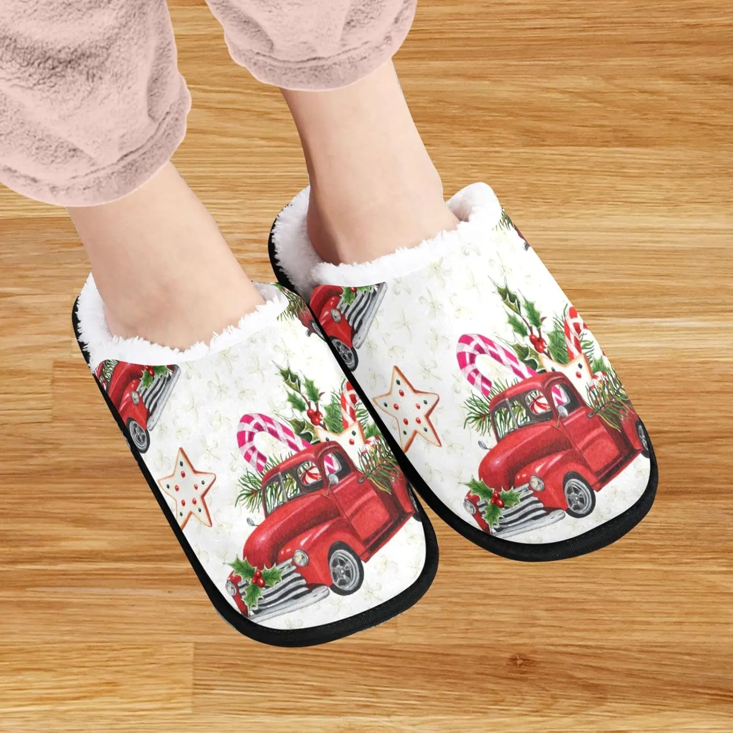visesunny Christmas Truck Loaded with Sweets Spruce Twigs Holly Leaf Berry Cozy Fuzzy Mens Womens Memory Foam House Slippers Plush Fleece Indoor Outdoor Slipper