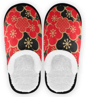 visesunny Cozy Fuzzy Plush Fleece Slippers for Women Men Black and Red Cherry Blossom Soft Memory Foam Ladies House Shoes Warm Bedroom Flat Shoe Indoor Outdoor