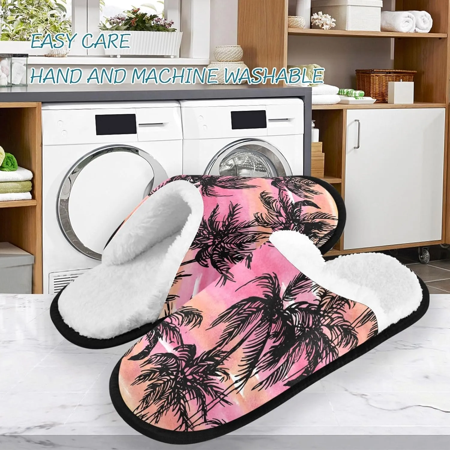 visesunny Funny Slippers for Women Men Soft Plush Warm Fuzzy Winter holiday slippers Black Silhouettes Of Palm on Sunset Cozy House Slippers Comfy Bedroom Slippers Indoor Outdoor Shoes