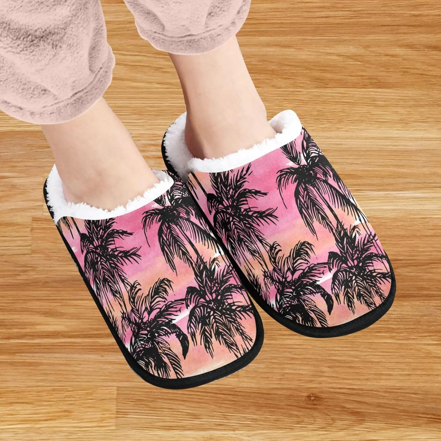 visesunny Funny Slippers for Women Men Soft Plush Warm Fuzzy Winter holiday slippers Black Silhouettes Of Palm on Sunset Cozy House Slippers Comfy Bedroom Slippers Indoor Outdoor Shoes