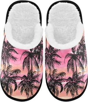 visesunny Funny Slippers for Women Men Soft Plush Warm Fuzzy Winter holiday slippers Black Silhouettes Of Palm on Sunset Cozy House Slippers Comfy Bedroom Slippers Indoor Outdoor Shoes