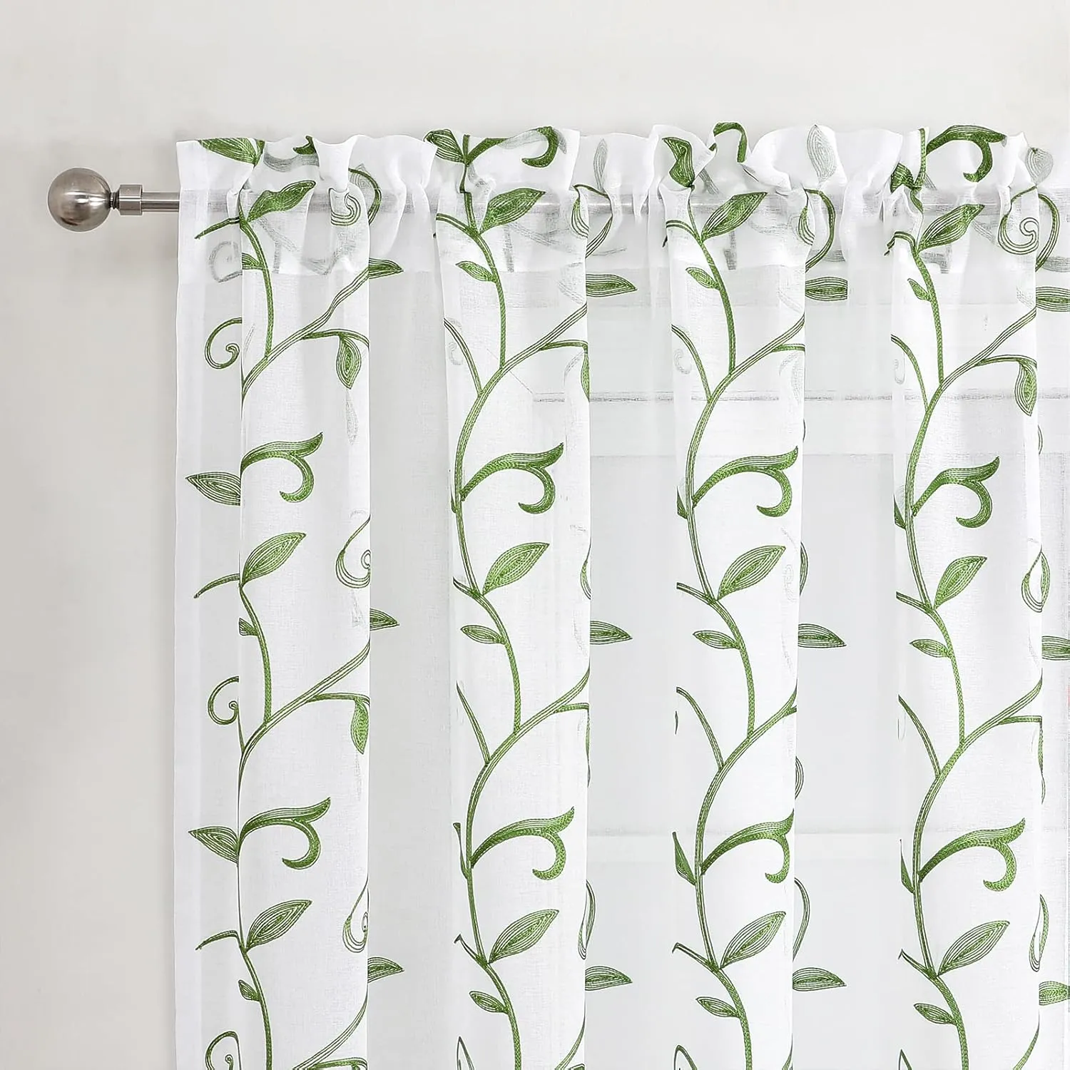 VISIONTEX Embroidered Green Sheer Voile Curtains, Leaves Embroidery Faux Linen Rod Pocket Window Drapes for Living Room and Girls Bedroom 54 x 84 Inch, Set of 2 Curtain Panels