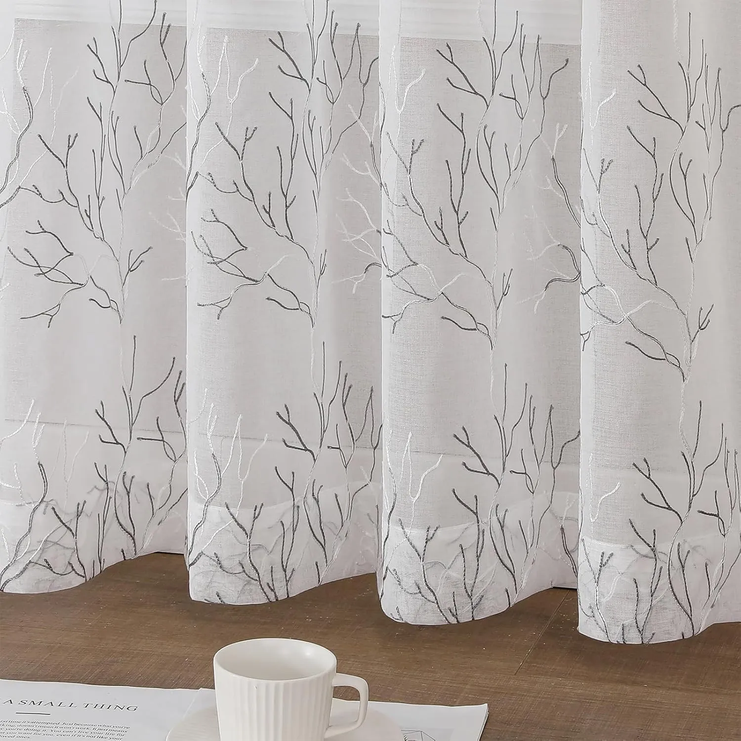 VISIONTEX Sheer Curtains 84 inch Length 2 Panels Set, Decorative Grey Coral Embroidery, Rod Pocket Embroidered Window Drapes for Living Room and Bedroom, 54" x 84"