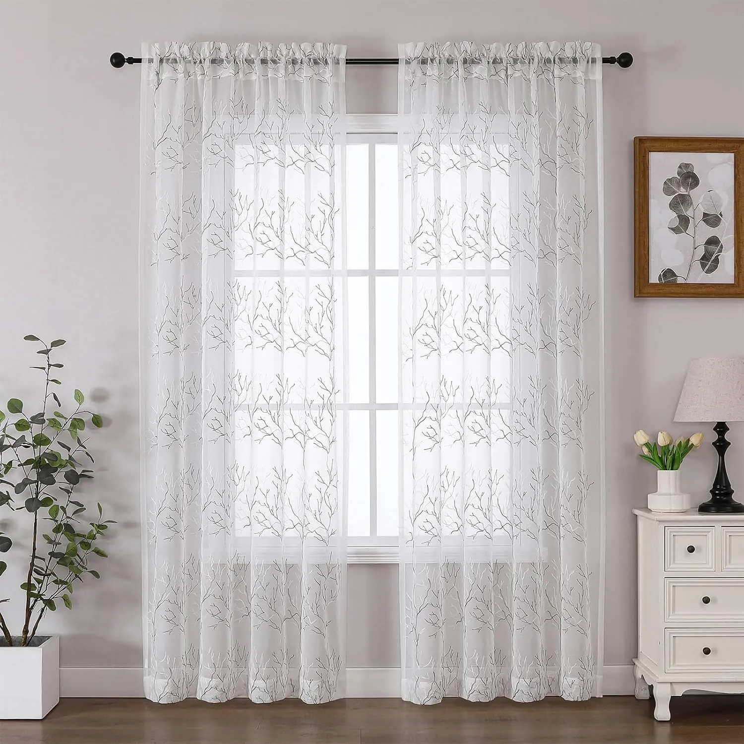 VISIONTEX Sheer Curtains 84 inch Length 2 Panels Set, Decorative Grey Coral Embroidery, Rod Pocket Embroidered Window Drapes for Living Room and Bedroom, 54" x 84"