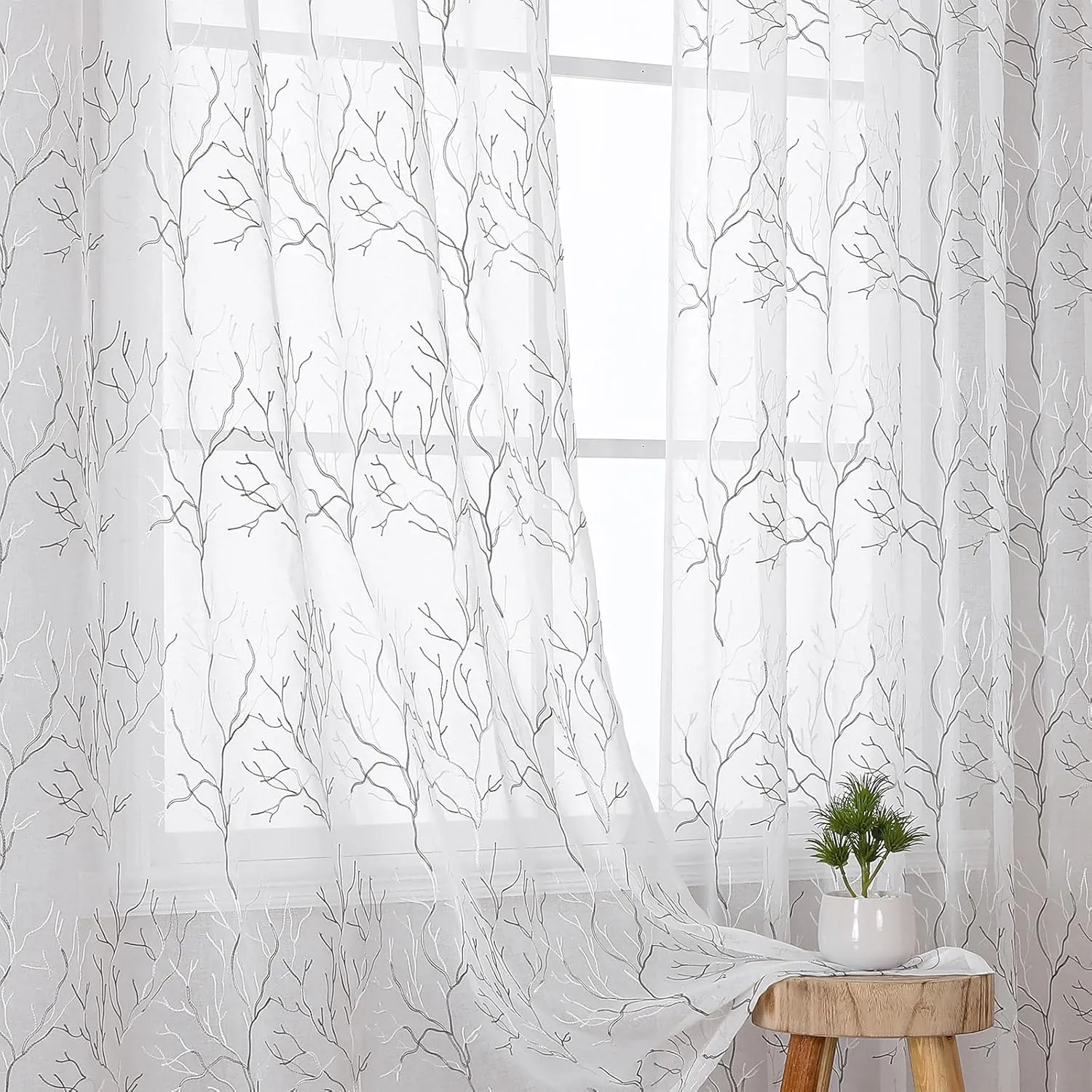 VISIONTEX Sheer Curtains 84 inch Length 2 Panels Set, Decorative Grey Coral Embroidery, Rod Pocket Embroidered Window Drapes for Living Room and Bedroom, 54" x 84"
