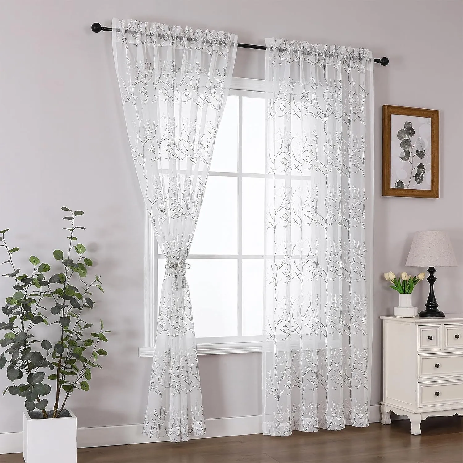 VISIONTEX Sheer Curtains 84 inch Length 2 Panels Set, Decorative Grey Coral Embroidery, Rod Pocket Embroidered Window Drapes for Living Room and Bedroom, 54" x 84"