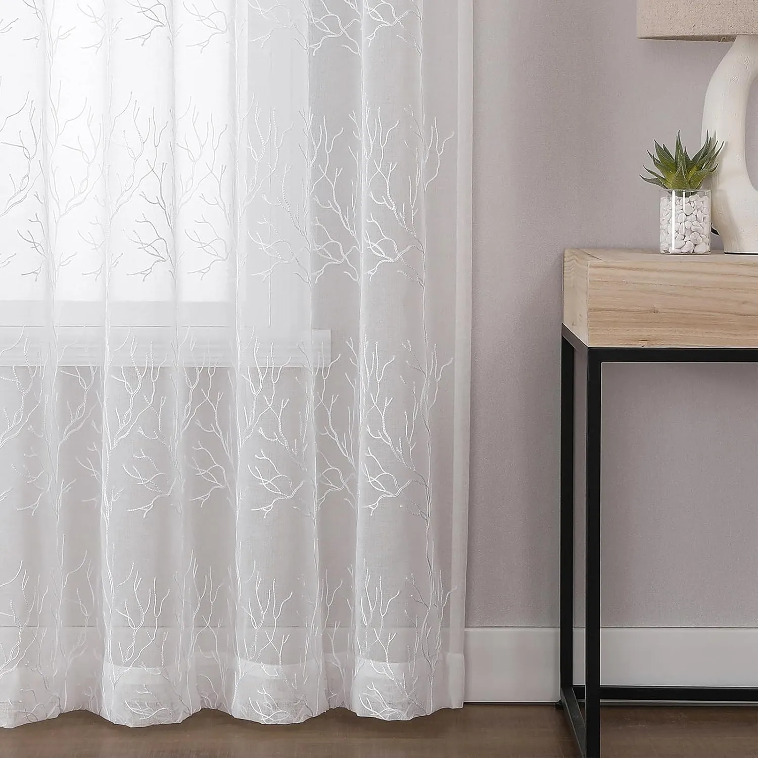 VISIONTEX Sheer Curtains 84 inch Length 2 Panels Set, Decorative White Coral Embroidery, Rod Pocket Embroidered Window Drapes for Living Room and Bedroom, 54" x 84"