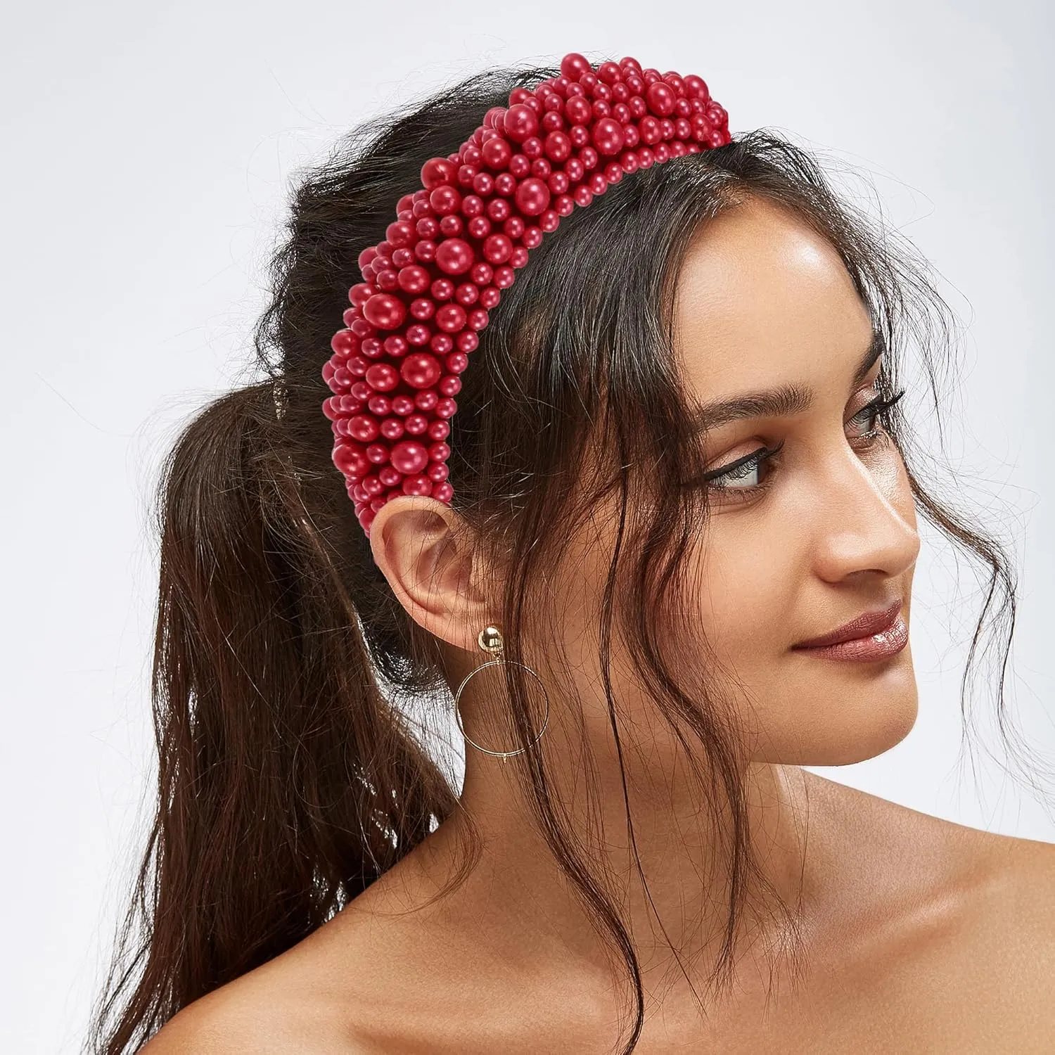 VOCOSTE Faux Pearls Padded Headband, Sponge Wide Brim Headband, Women Hairband, Red