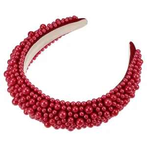 VOCOSTE Faux Pearls Padded Headband, Sponge Wide Brim Headband, Women Hairband, Red