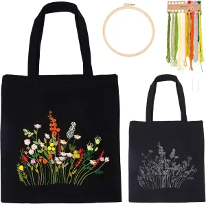 WADORN DIY Canvas Tote Bag Embroidery Kit, Black Canvas Bag Flower Cross Stitch Kit with Pattern and Instruction Personalized Bag Funny Hand Needlepoint Kit Include Hoops Color Threads and Needles