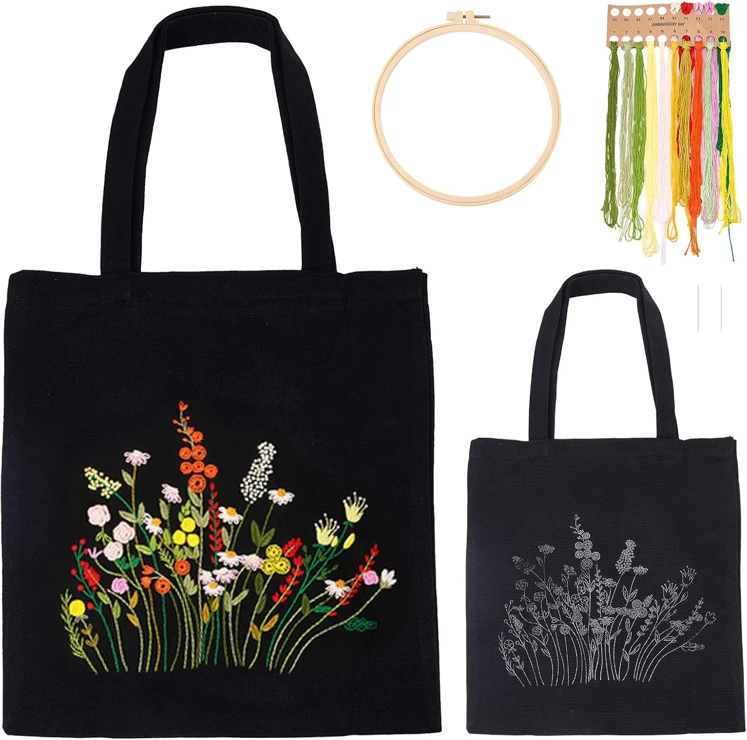 WADORN DIY Canvas Tote Bag Embroidery Kit, Black Canvas Bag Flower Cross Stitch Kit with Pattern and Instruction Personalized Bag Funny Hand Needlepoint Kit Include Hoops Color Threads and Needles