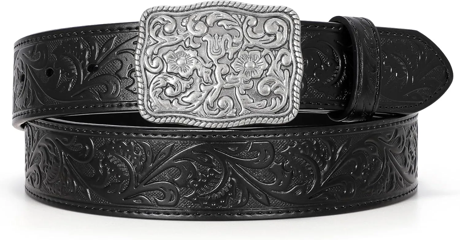 Western Belts for Women Men Cowgirl Cowboy Embossed Engraved Tooled Leather Belt with Buckle for Jeans Pants Rodeo