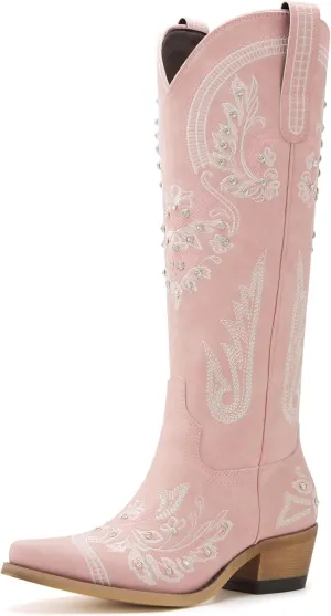 Western Cowboy Boots for Women Embroidered Rhinestones Knee High Cowgirl Boots Pointed Toe Chunky Heel Fashion Retro Classic Tall Boot