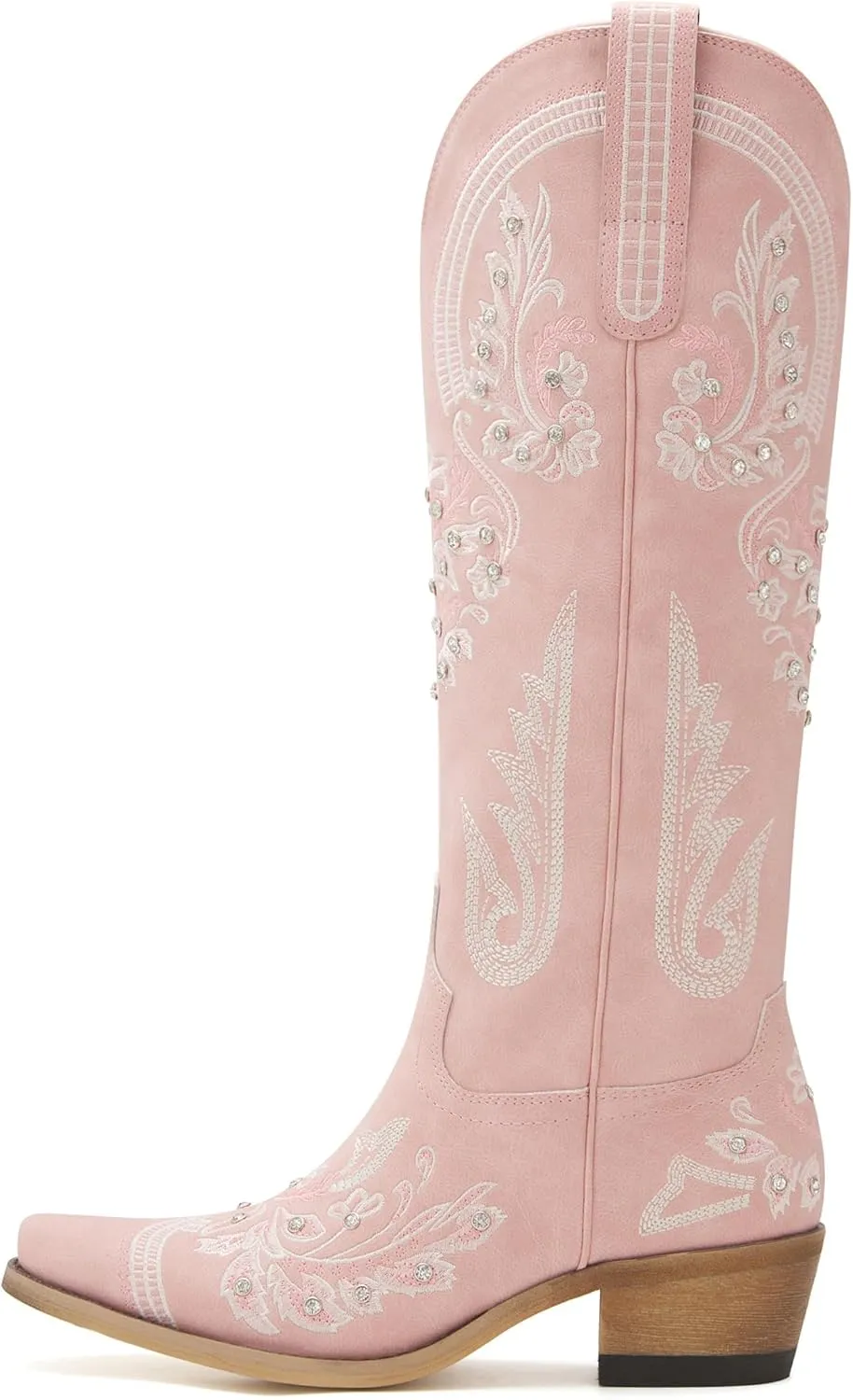 Western Cowboy Boots for Women Embroidered Rhinestones Knee High Cowgirl Boots Pointed Toe Chunky Heel Fashion Retro Classic Tall Boot