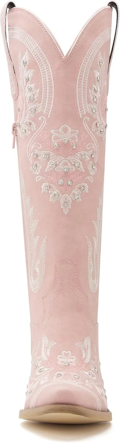 Western Cowboy Boots for Women Embroidered Rhinestones Knee High Cowgirl Boots Pointed Toe Chunky Heel Fashion Retro Classic Tall Boot