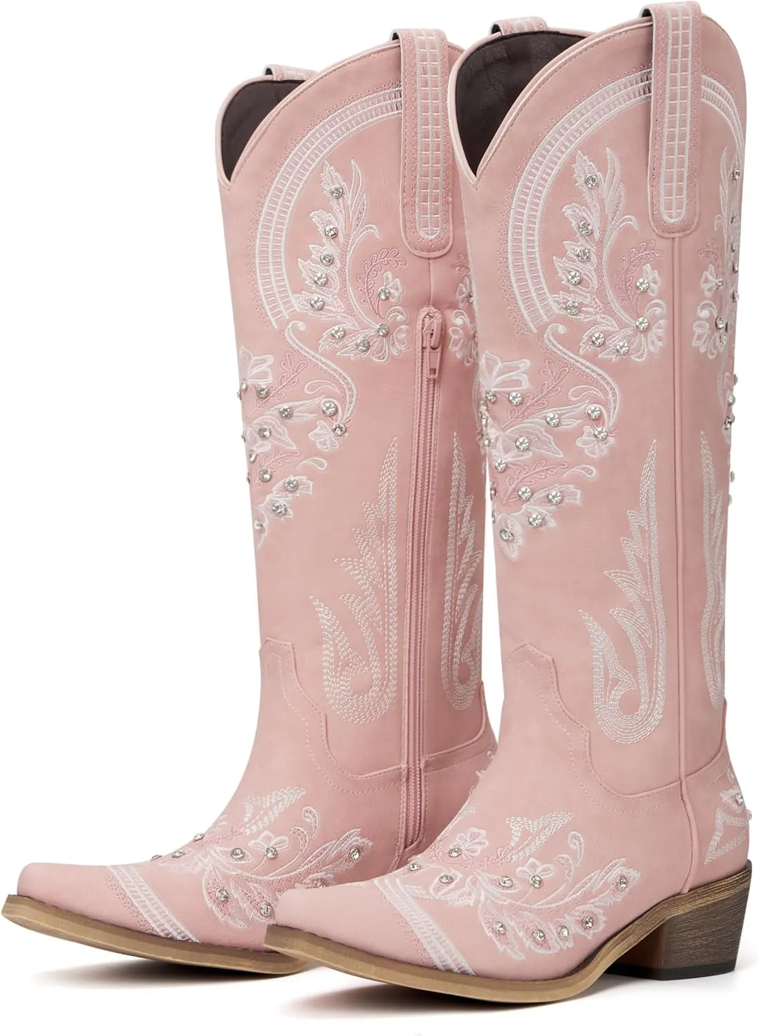 Western Cowboy Boots for Women Embroidered Rhinestones Knee High Cowgirl Boots Pointed Toe Chunky Heel Fashion Retro Classic Tall Boot