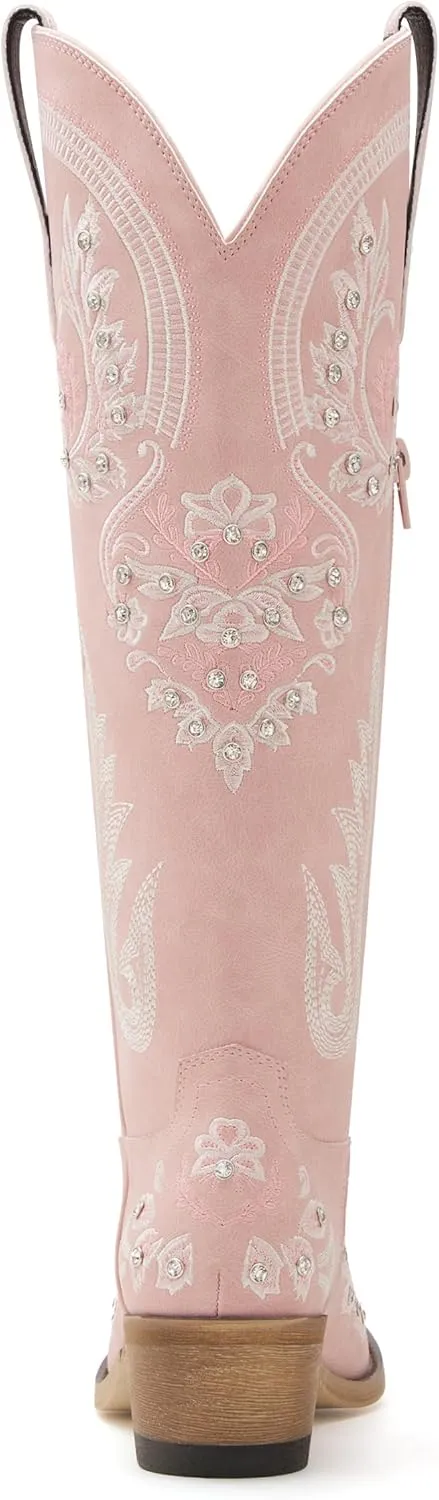 Western Cowboy Boots for Women Embroidered Rhinestones Knee High Cowgirl Boots Pointed Toe Chunky Heel Fashion Retro Classic Tall Boot