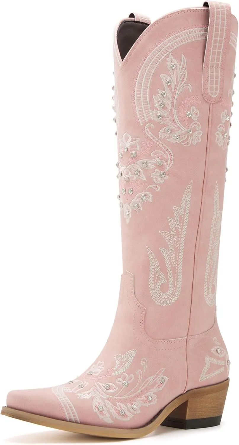 Western Cowboy Boots for Women Embroidered Rhinestones Knee High Cowgirl Boots Pointed Toe Chunky Heel Fashion Retro Classic Tall Boot