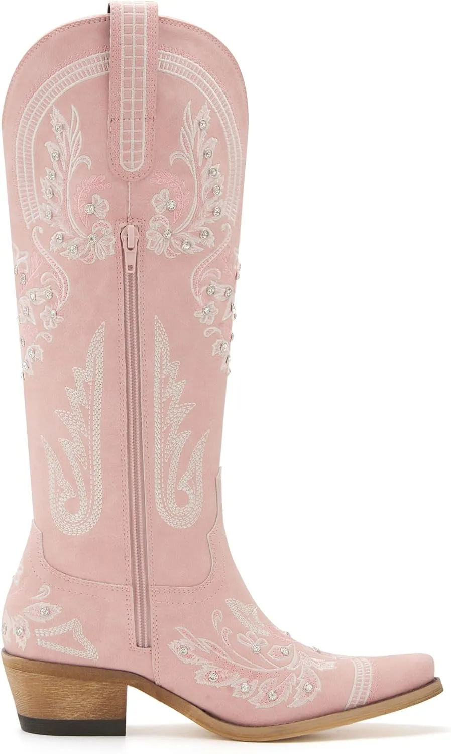 Western Cowboy Boots for Women Embroidered Rhinestones Knee High Cowgirl Boots Pointed Toe Chunky Heel Fashion Retro Classic Tall Boot