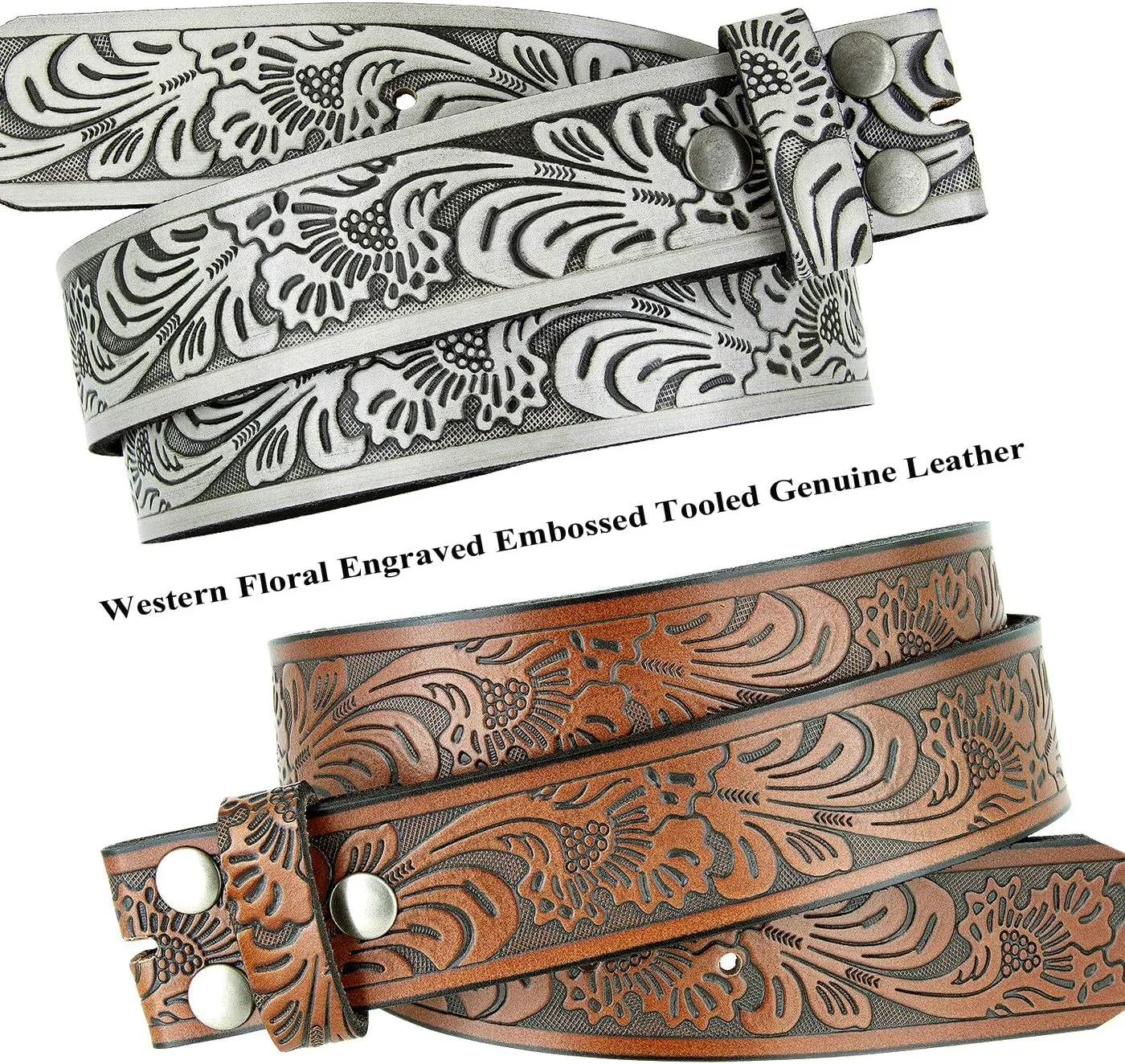 Western Floral Engraved Embossed Tooled Genuine Leather Belt Strap or Belt 1-1/2"(38mm) Wide, Multi-Style Options