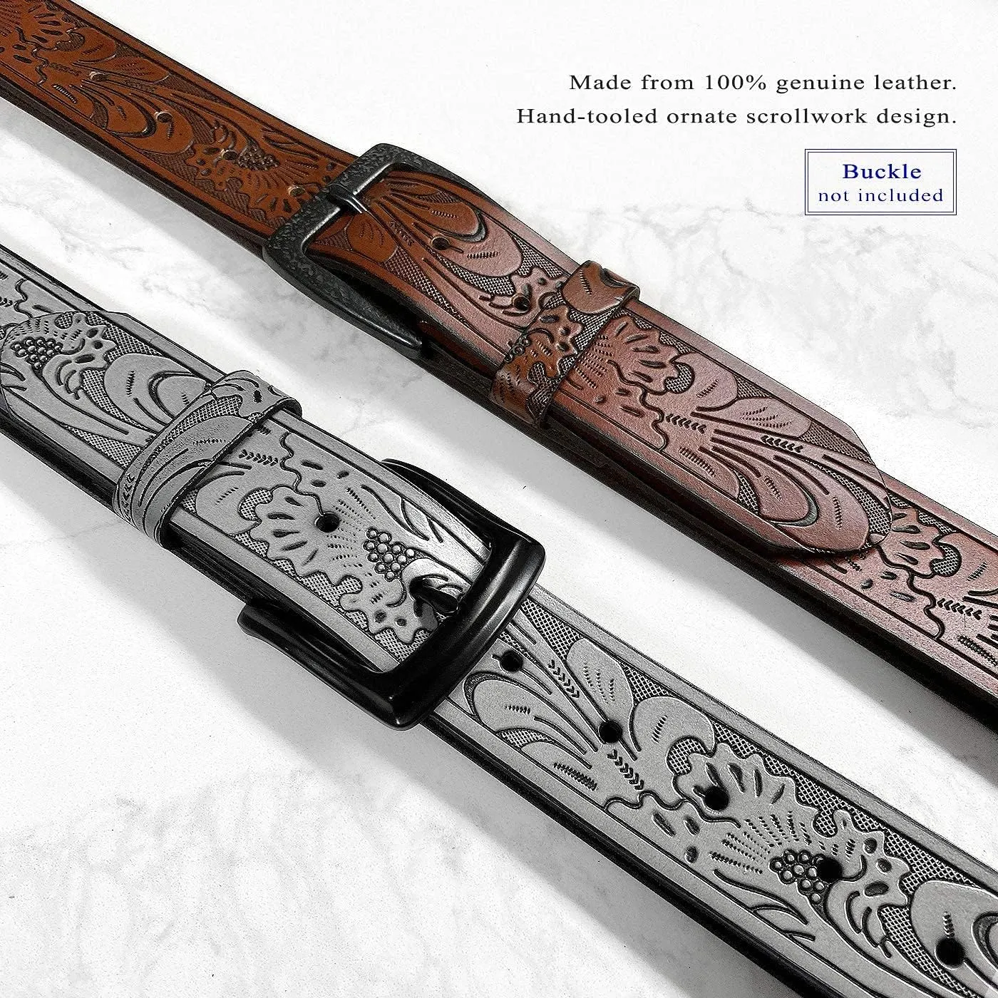 Western Floral Engraved Embossed Tooled Genuine Leather Belt Strap or Belt 1-1/2"(38mm) Wide, Multi-Style Options
