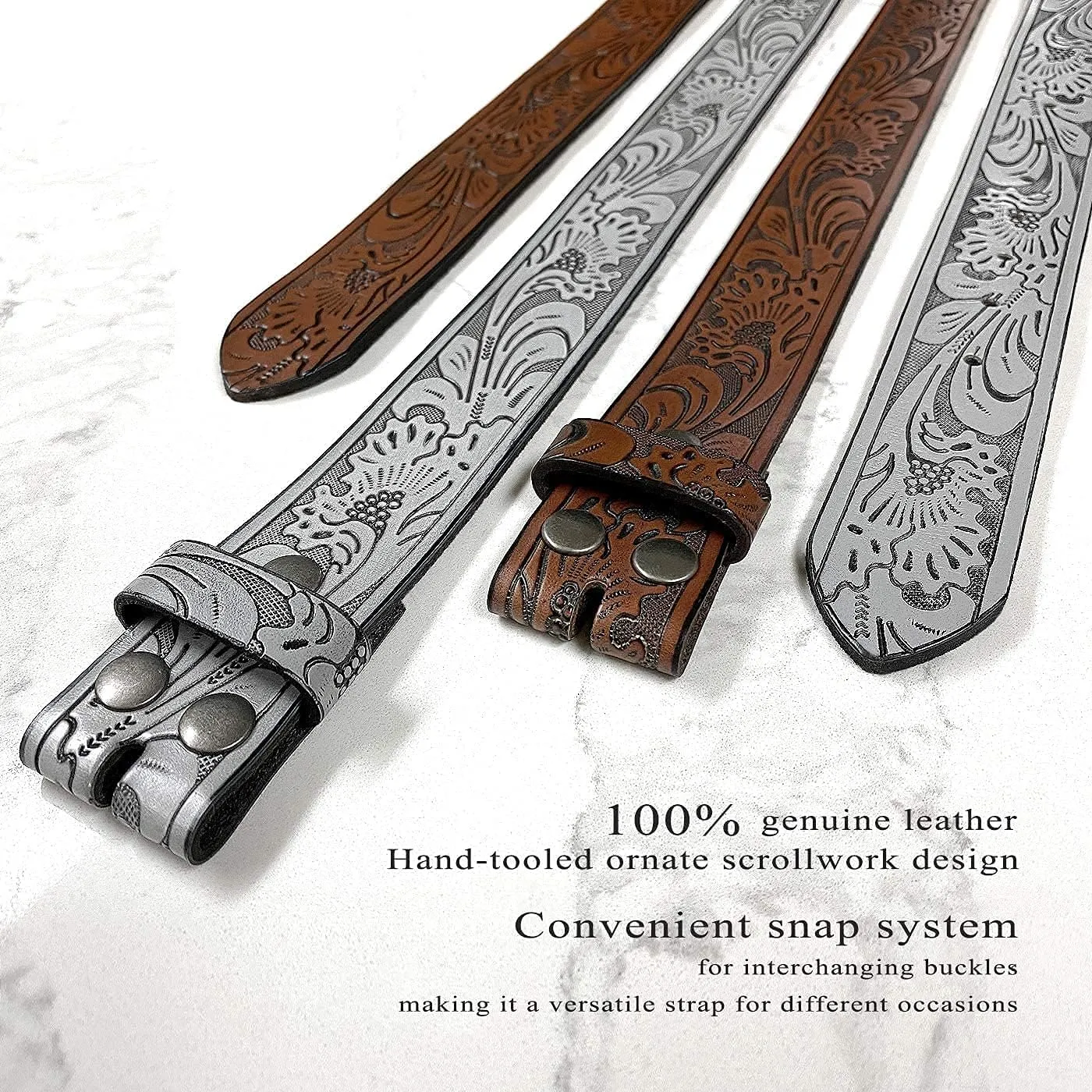 Western Floral Engraved Embossed Tooled Genuine Leather Belt Strap or Belt 1-1/2"(38mm) Wide, Multi-Style Options