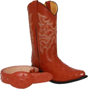Western Shops Mens Leather Cowboy Boots Embossed Ostrich Quill Print Western Boot with Free Belt