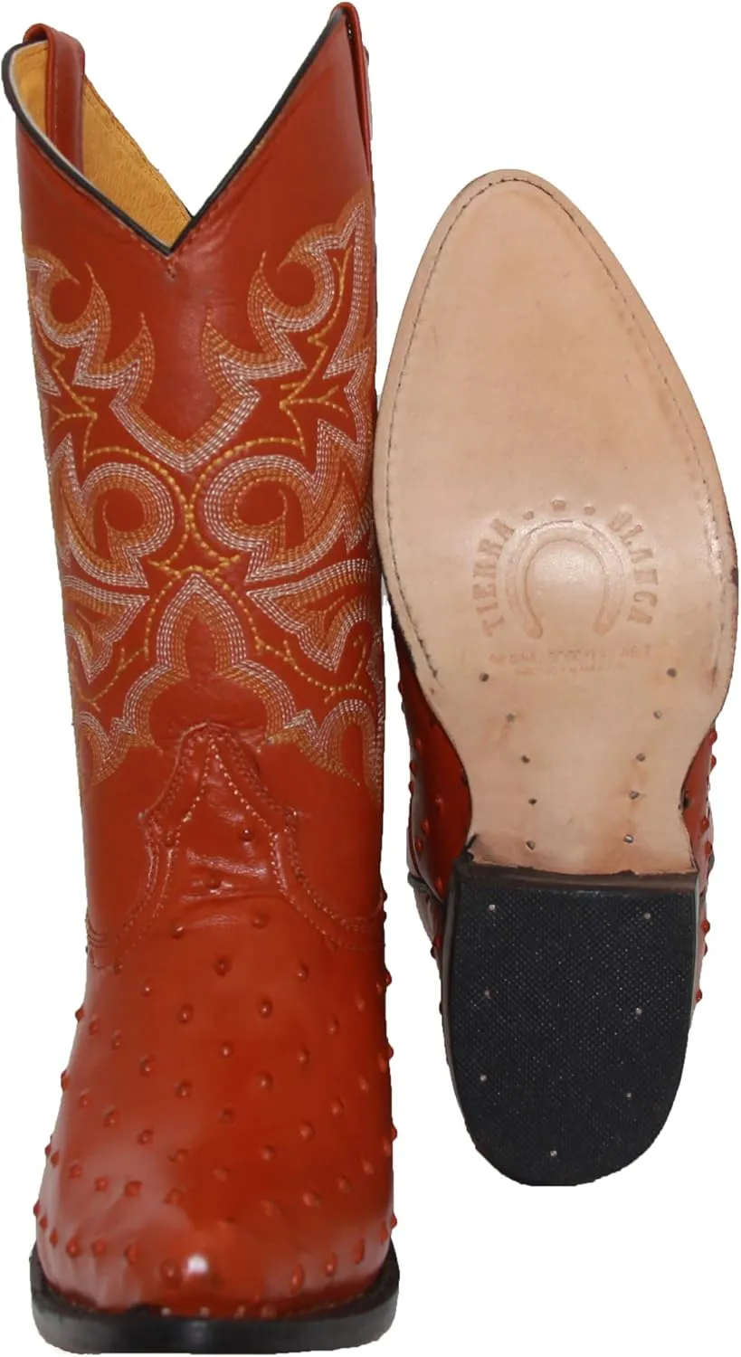 Western Shops Mens Leather Cowboy Boots Embossed Ostrich Quill Print Western Boot with Free Belt