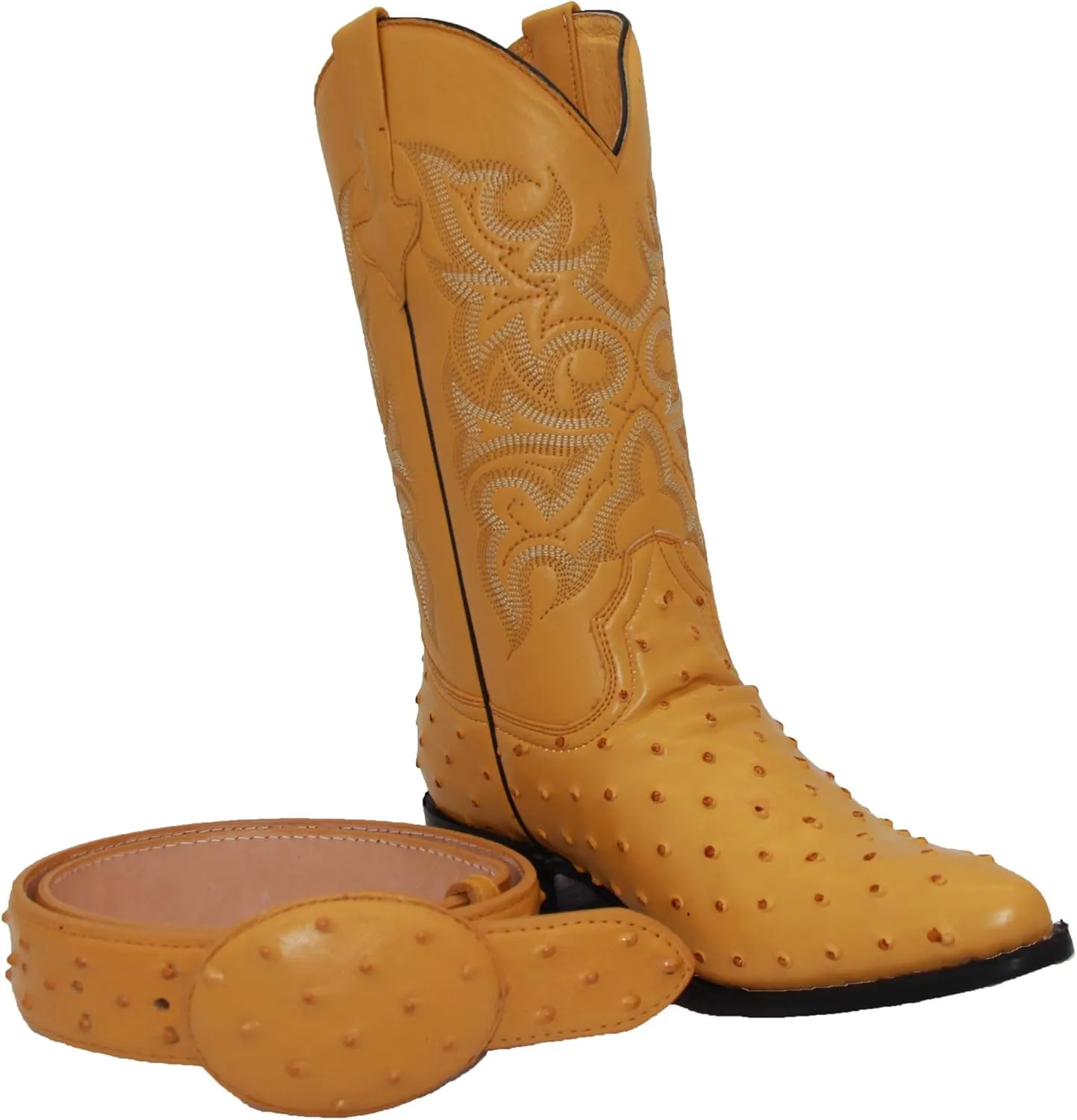 Western Shops Mens Leather Cowboy Boots Embossed Ostrich Quill Print Western Boot with Free Belt