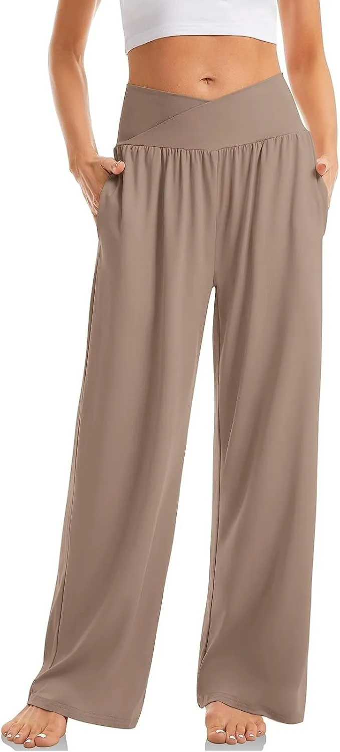Wide Leg Yoga Pants Women Summer Lightweight Crossover Waist Athletic Pants Crossover Low Waist Running Workout Pants