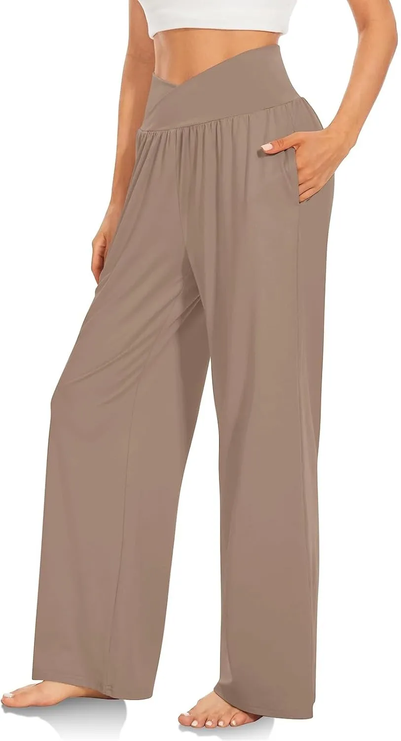 Wide Leg Yoga Pants Women Summer Lightweight Crossover Waist Athletic Pants Crossover Low Waist Running Workout Pants