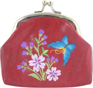 Wild Flower & Butterfly Embroidery Vegan Leather Kiss Lock Coin Purse